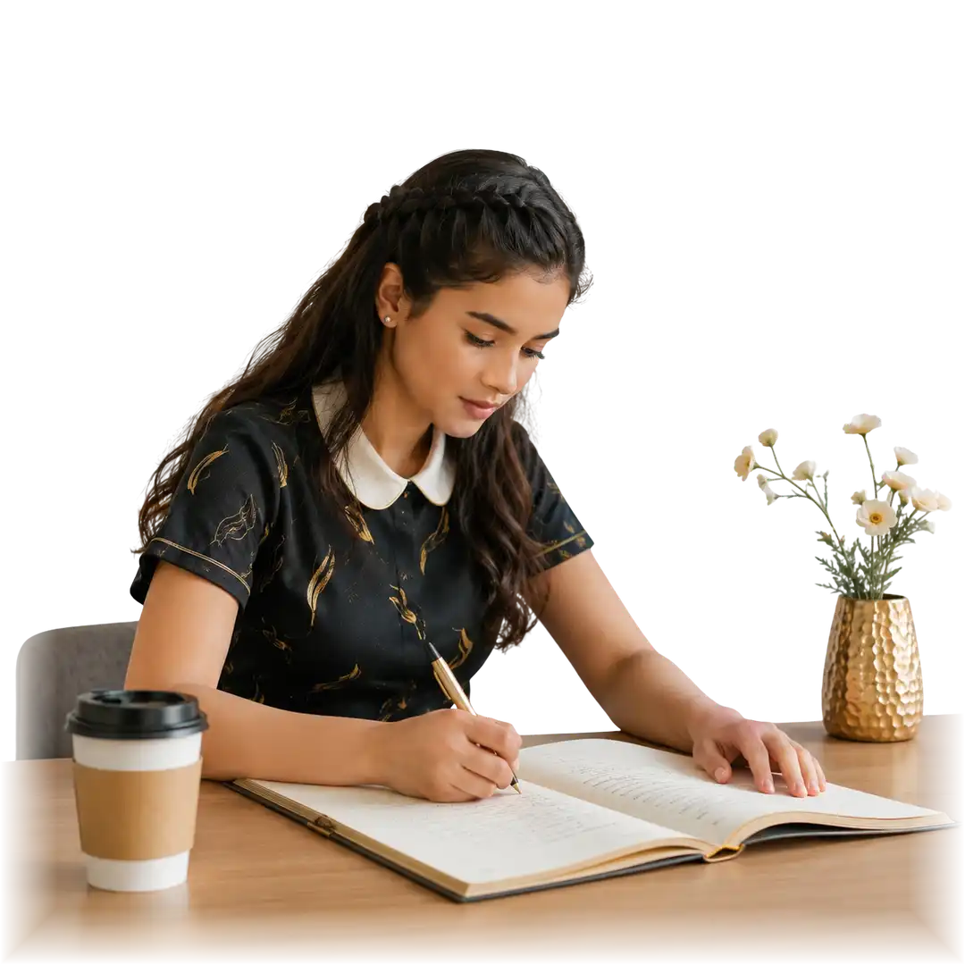An author writing her book